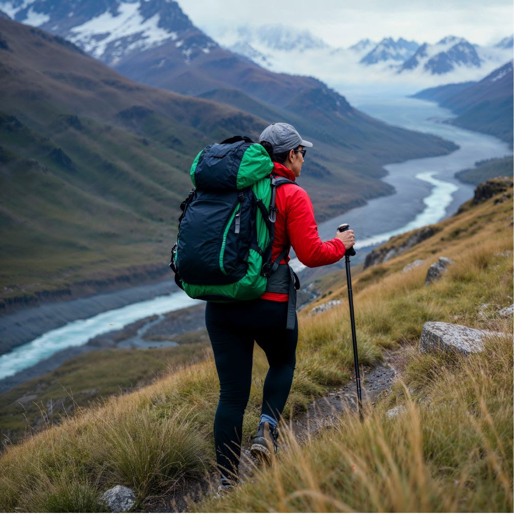 A hiker wearing a large green and black backpack, a red jacket, and black pants stands on a grassy mountain ridge overlooking a winding river valley with snow-capped peaks in the distance.