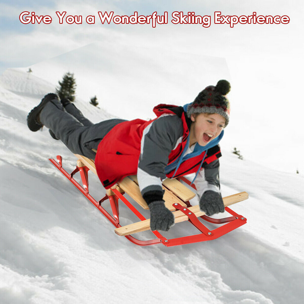 54 Inch Wooden Snow Sled With Metal Runners