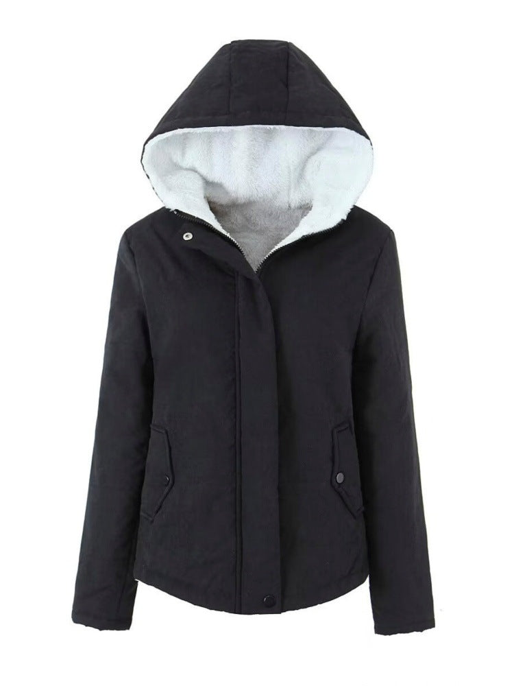Womens Fleece-lined Hooded Loose-fit Cotton Coat