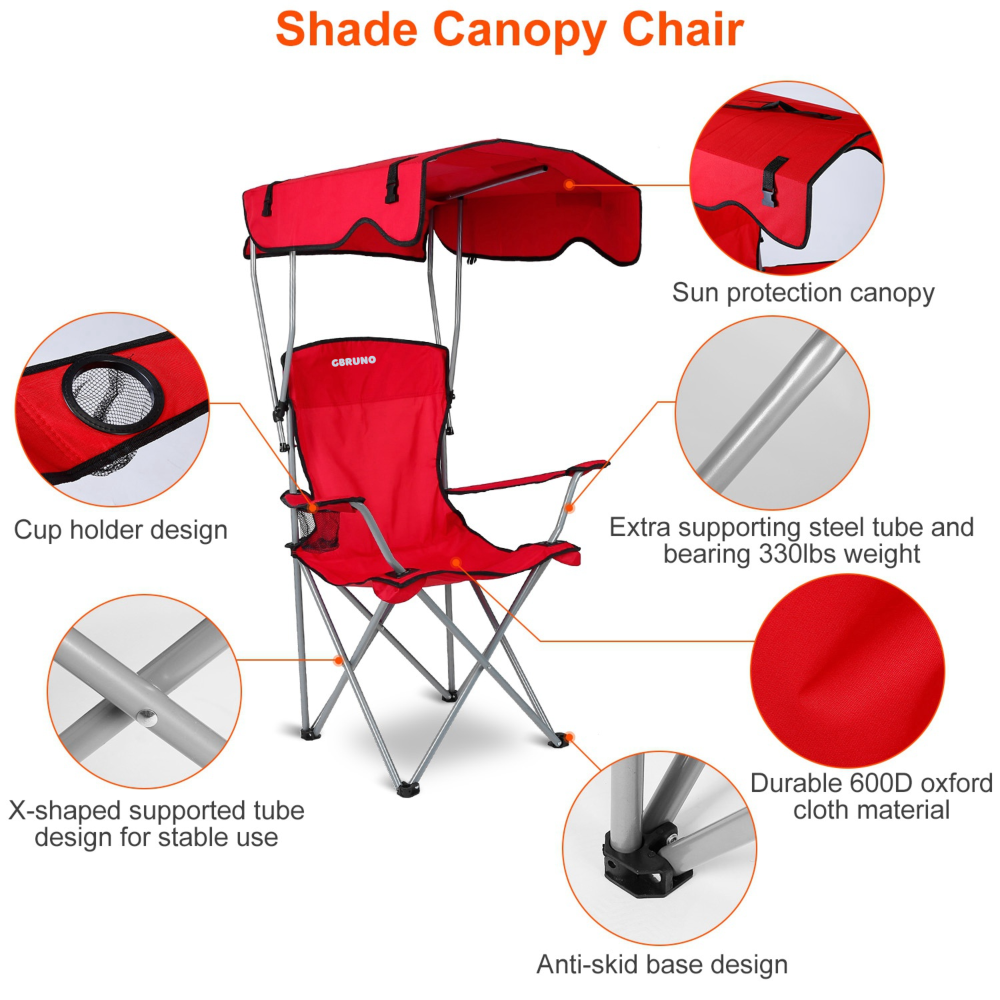 Foldable Beach Canopy Chair Sun Protection Camping Lawn Canopy Chair 330LBS Load Folding Seat w/ Cup Holder For Beach Poolside Travel Picnic