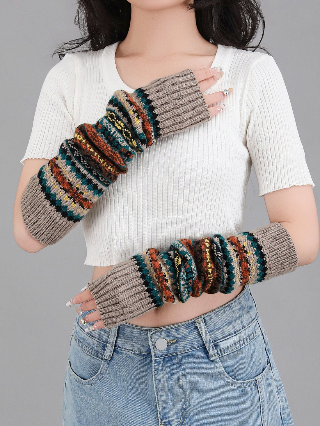 Boho Short Knit Fingerless Thermal Gloves Arm Warmer For Girls Women