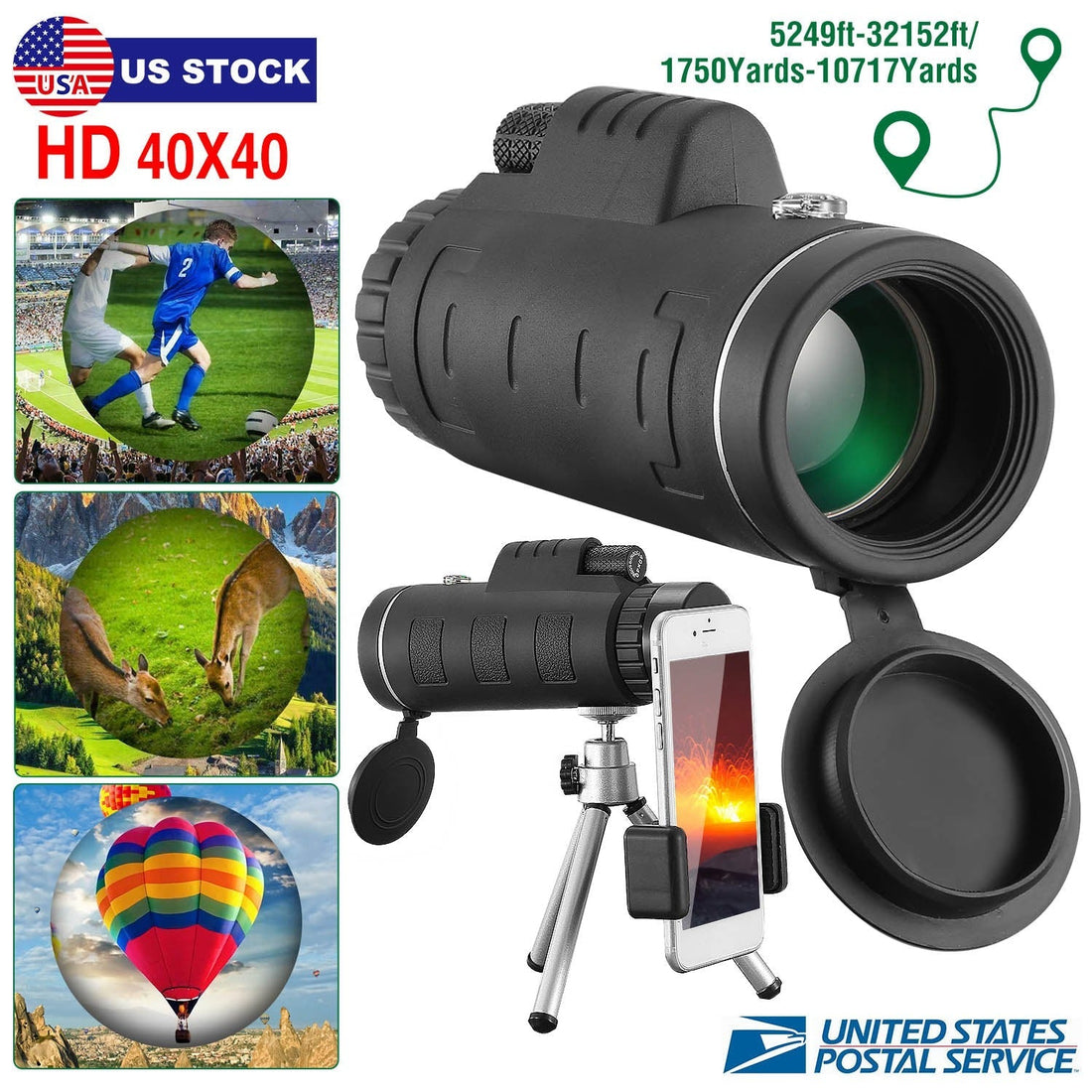 40x40 HD Optical Monocular Telescope w/ FMC Lens Low Light Vision Scope Phone Holder Tripod Compass For Bird Watching Hunting Camping Hiking Sport Eve