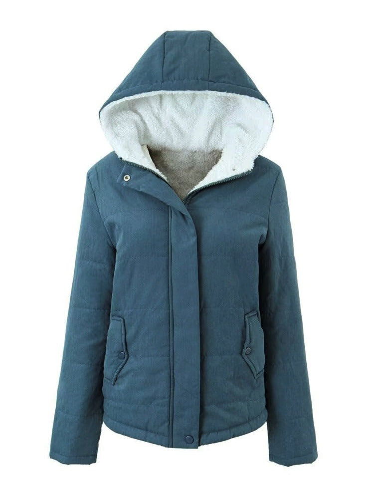 Womens Fleece-lined Hooded Loose-fit Cotton Coat