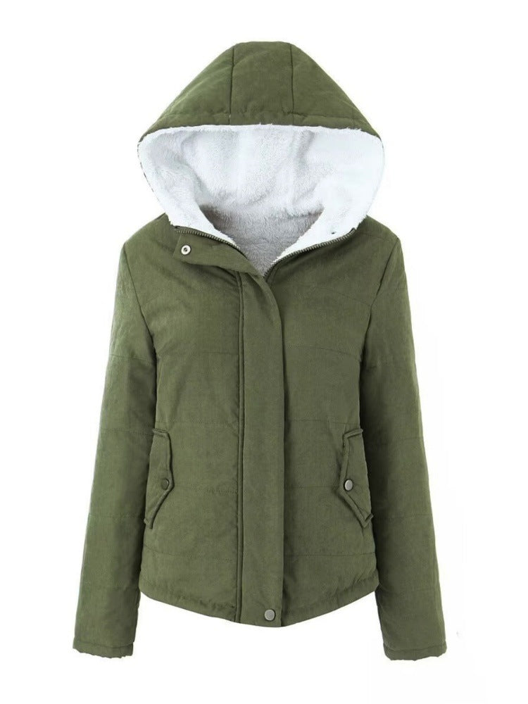 Womens Fleece-lined Hooded Loose-fit Cotton Coat