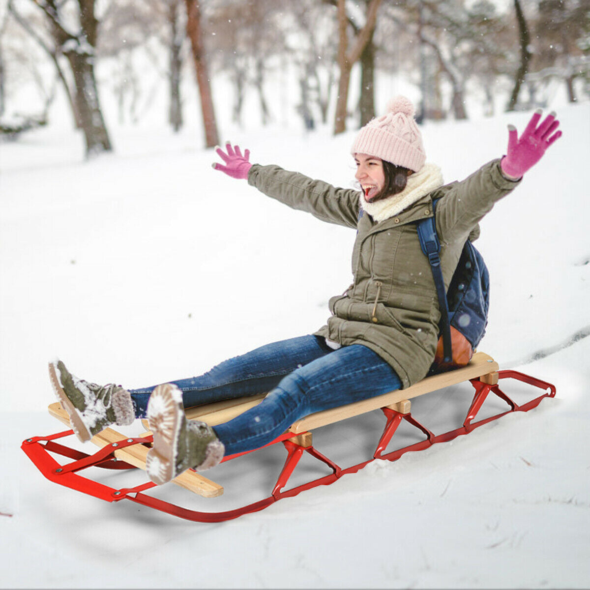 54 Inch Wooden Snow Sled With Metal Runners