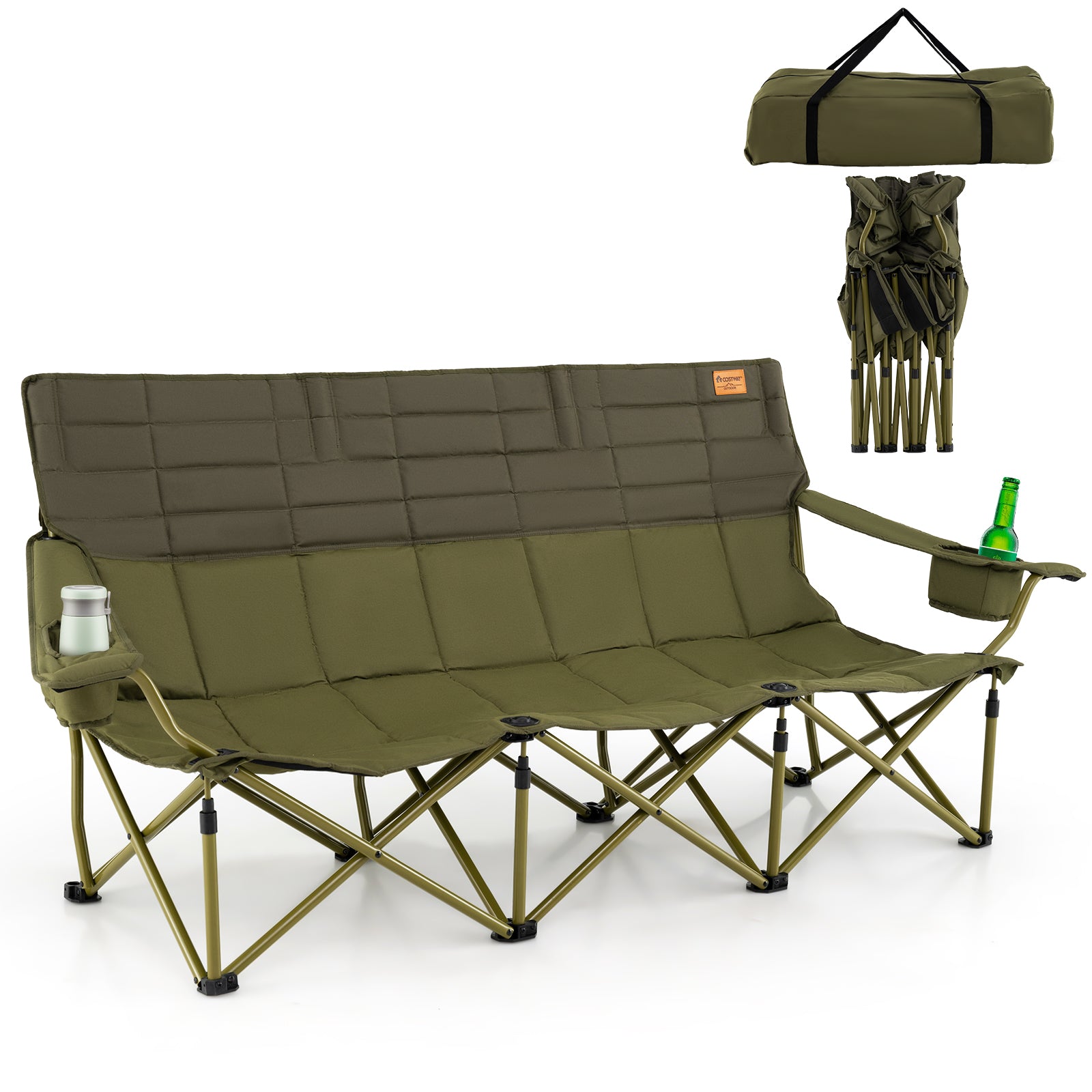 3 Person Folding Camping Chair with 2 Cup Holders Cotton Padding & Storage Bag