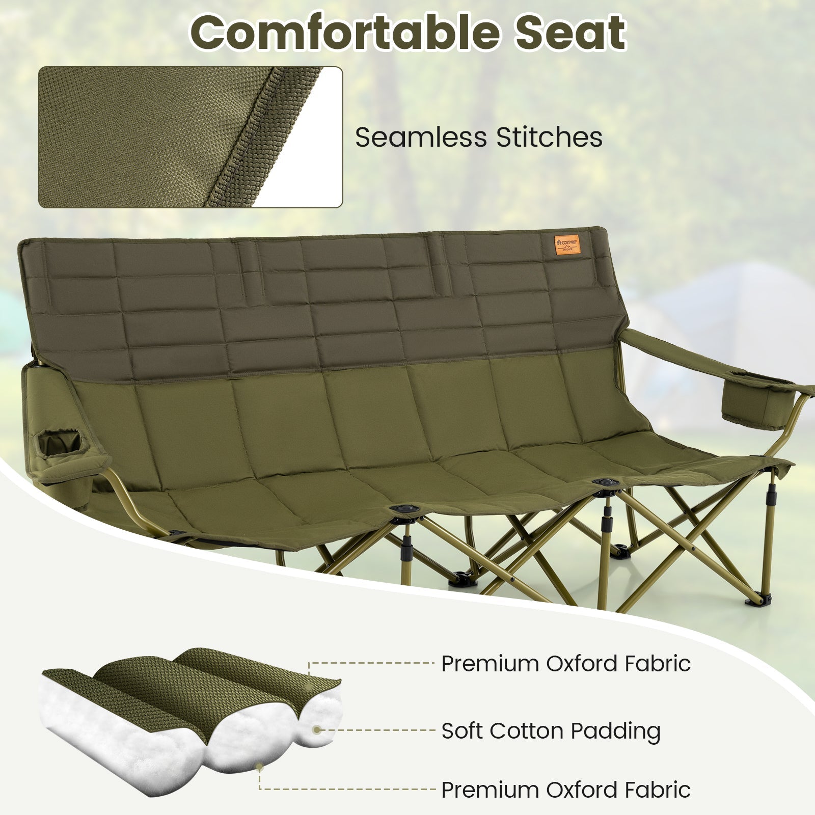 3 Person Folding Camping Chair with 2 Cup Holders Cotton Padding & Storage Bag