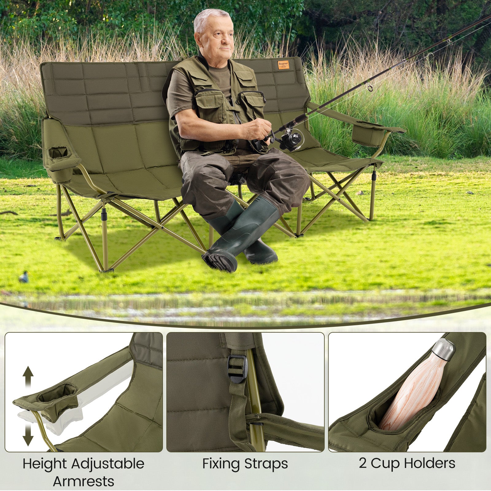 3 Person Folding Camping Chair with 2 Cup Holders Cotton Padding & Storage Bag