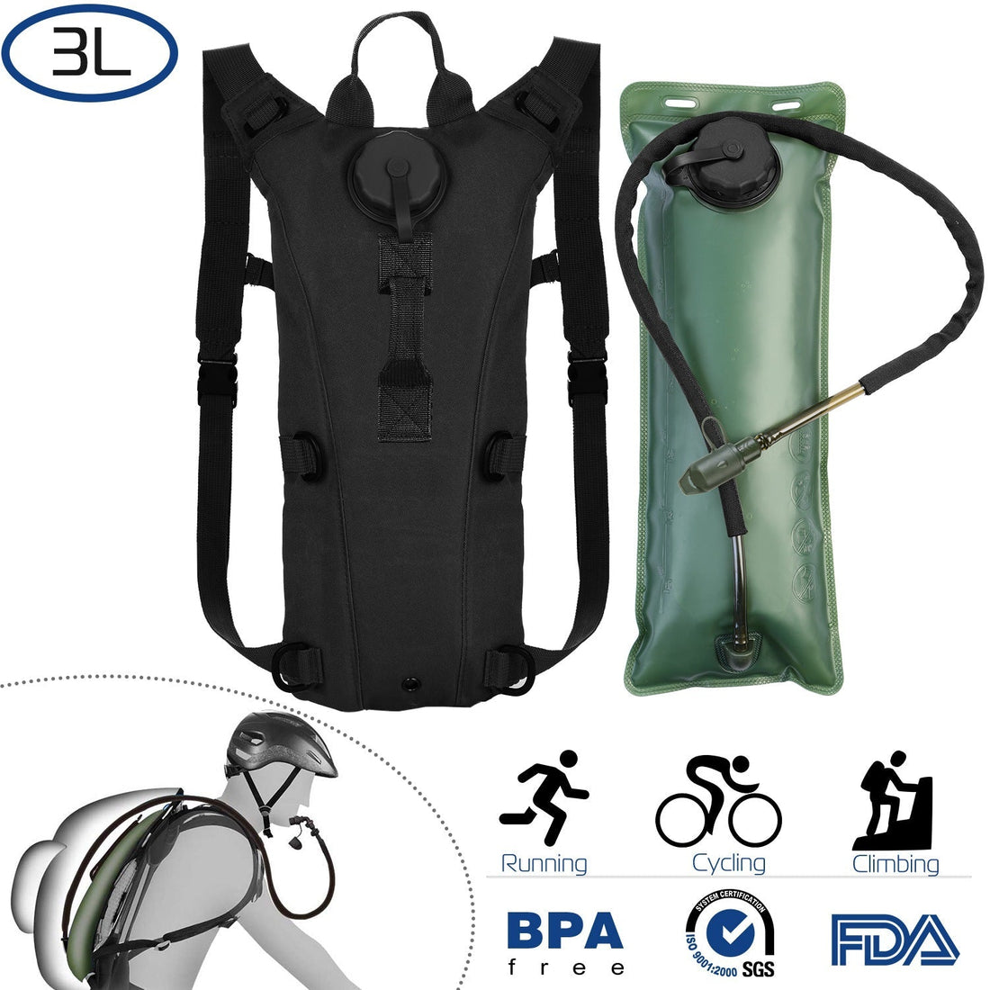 iMounTEK Tactical Hydration Pack 3L Water Bladder Adjustable Water Drink Backpack for Hiking Cycling Climbing Running