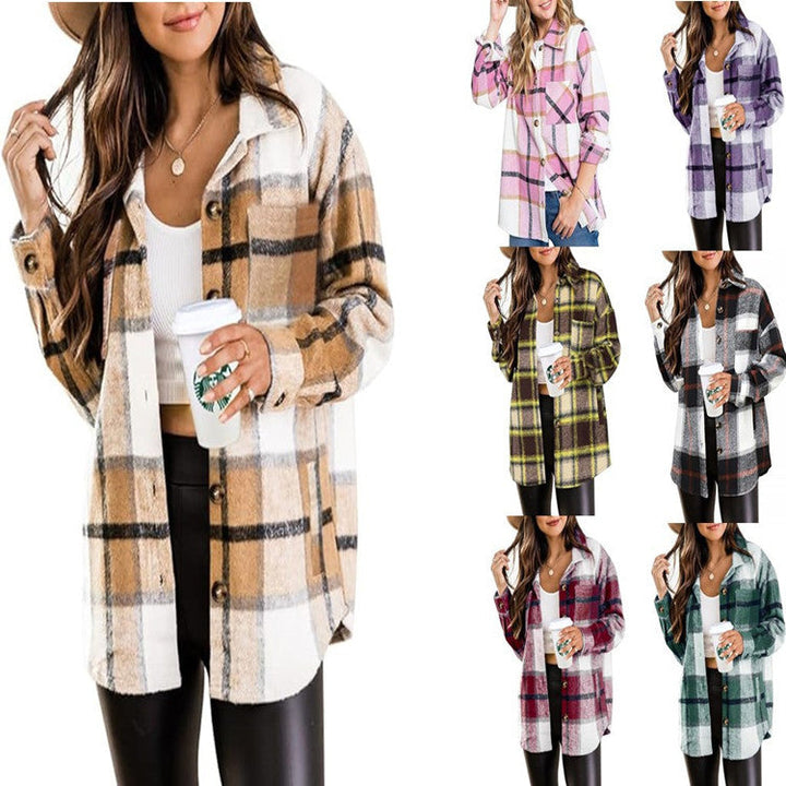 Womens Woolen Plaid Pocket Shirt Casual Jacket