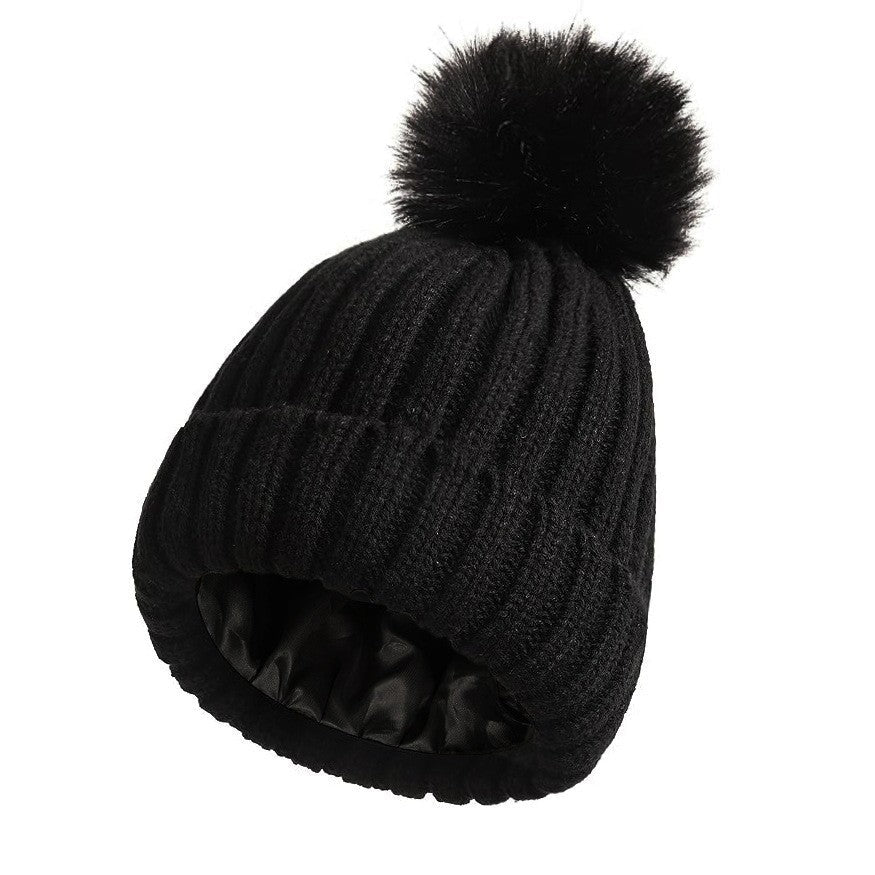 Womens Solid-Color Brimmed Beanie Hat With Satin lining and a Pom-Pom
