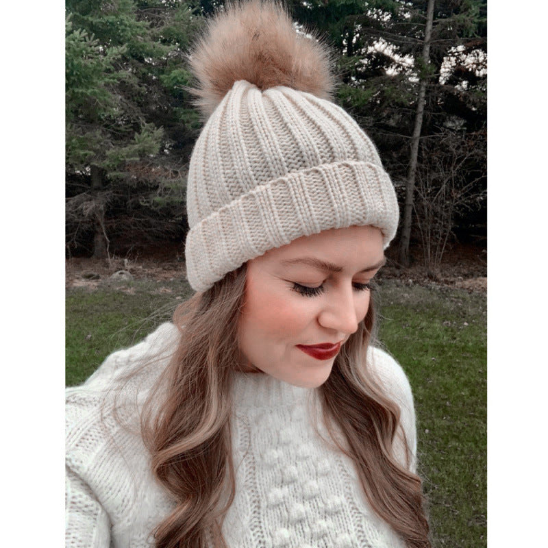 Womens Solid-Color Brimmed Beanie Hat With Satin lining and a Pom-Pom
