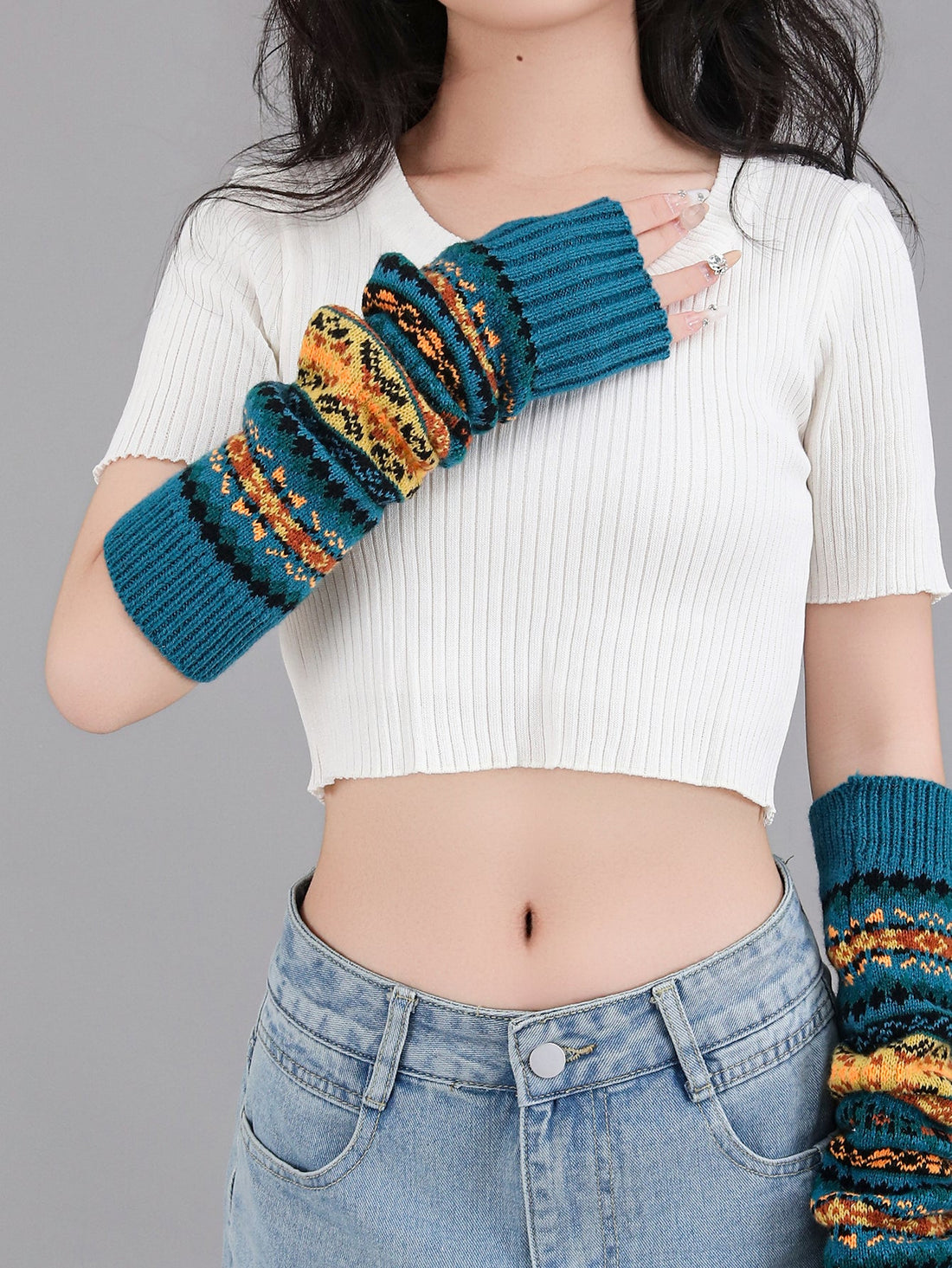 Boho Short Knit Fingerless Thermal Gloves Arm Warmer For Girls Women