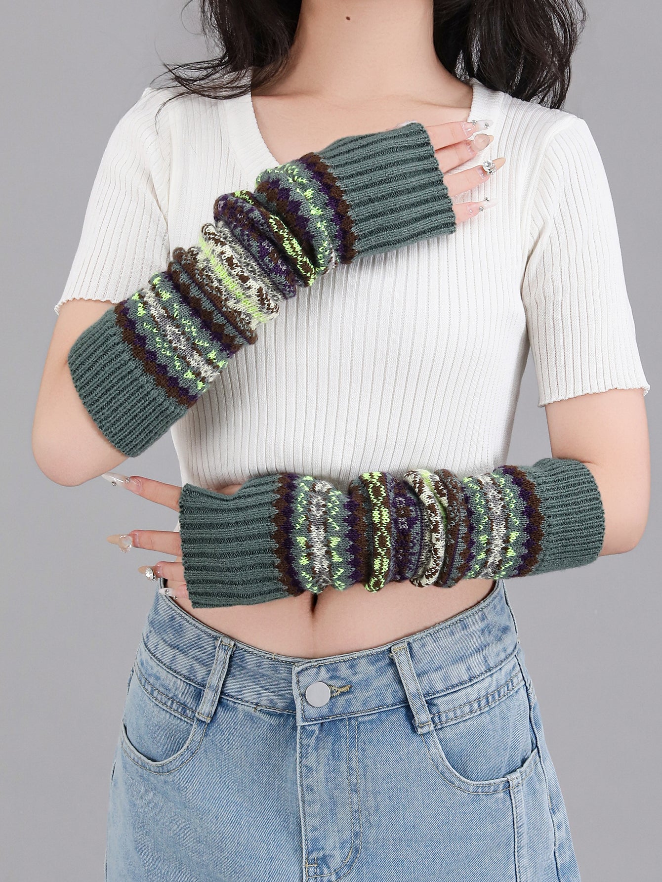 Boho Short Knit Fingerless Thermal Gloves Arm Warmer For Girls Women