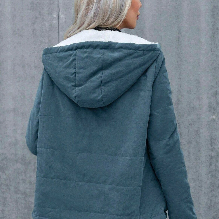 Womens Fleece-lined Hooded Loose-fit Cotton Coat