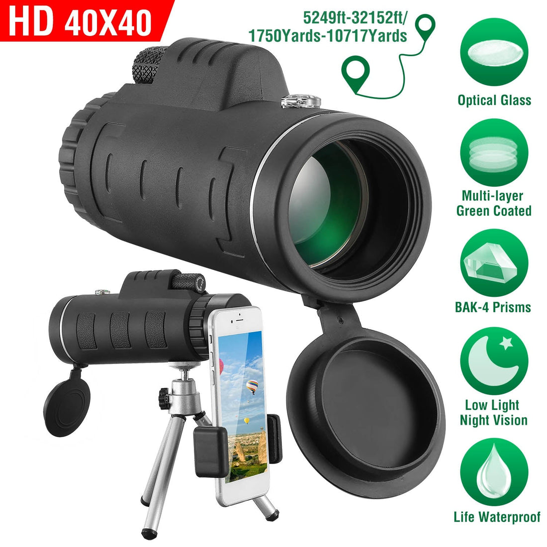 40x40 HD Optical Monocular Telescope w/ FMC Lens Low Light Vision Scope Phone Holder Tripod Compass For Bird Watching Hunting Camping Hiking Sport Eve
