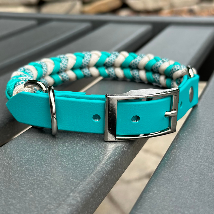 Coiled Charm Hand Braided Dog Collar in Teal, Cream, & Teal Diamonds