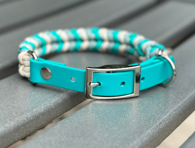 Coiled Charm Hand Braided Dog Collar in Teal, Cream, & Teal Diamonds