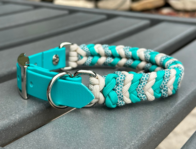 Coiled Charm Hand Braided Dog Collar in Teal, Cream, & Teal Diamonds