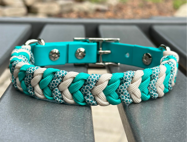 Coiled Charm Hand Braided Dog Collar in Teal, Cream, & Teal Diamonds