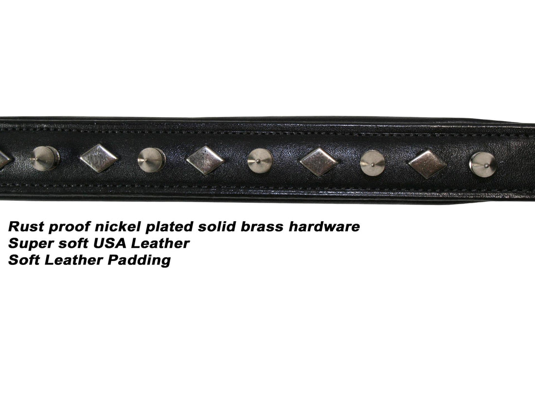 Derby Dog Designer Series USA Leather Spikes and Diamond Padded Dog Collar with Stainless Steel Rolled Buckle for Comfort