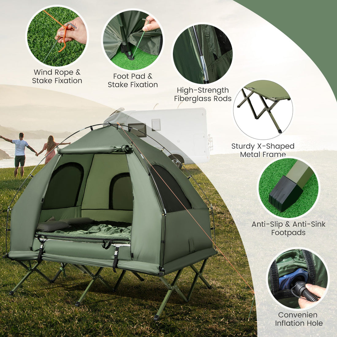 5-in-1 -(2)-Person Foldable Outdoor Camping Tent Cot with Air Mattress and Sleeping Bag