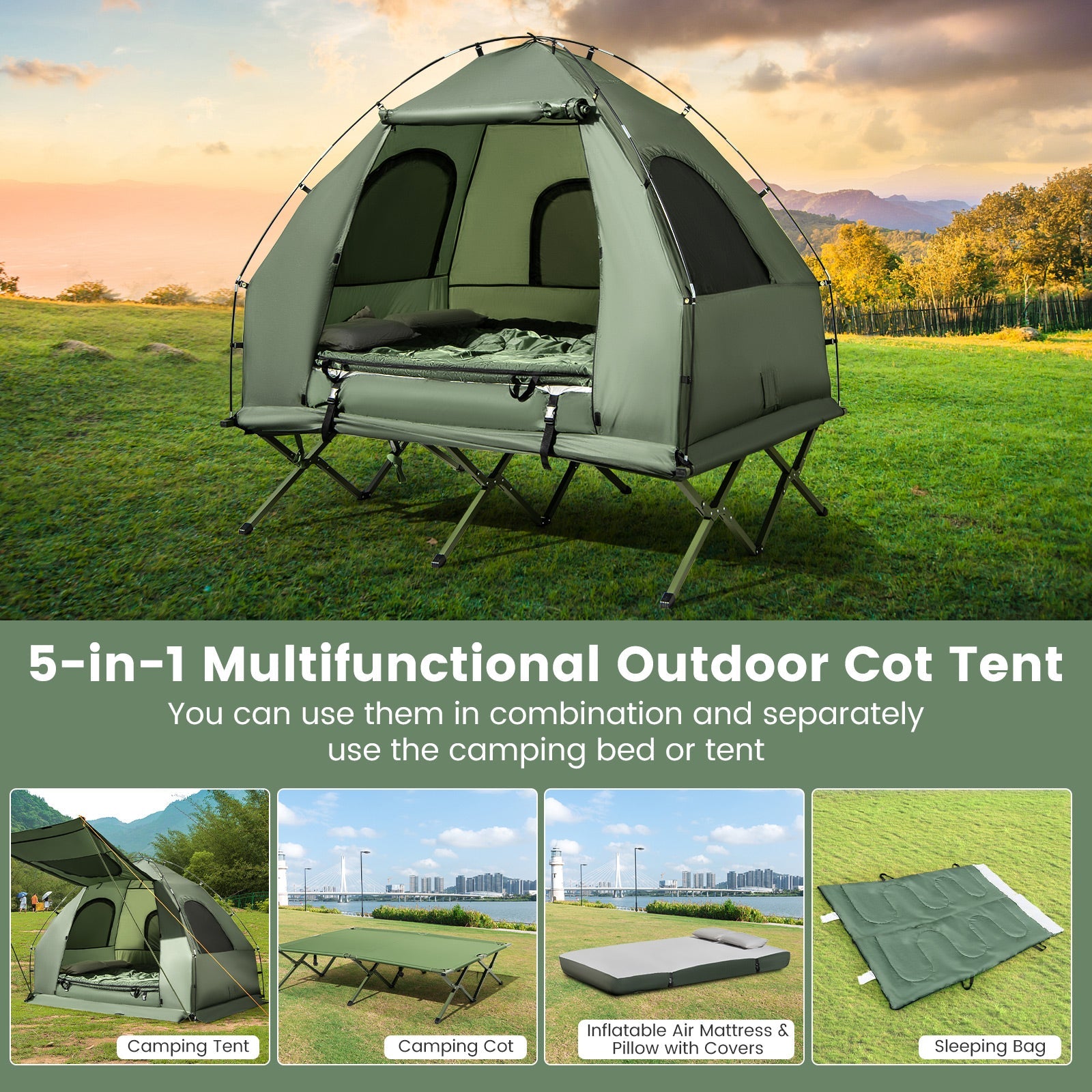 5-in-1 -(2)-Person Foldable Outdoor Camping Tent Cot with Air Mattress and Sleeping Bag