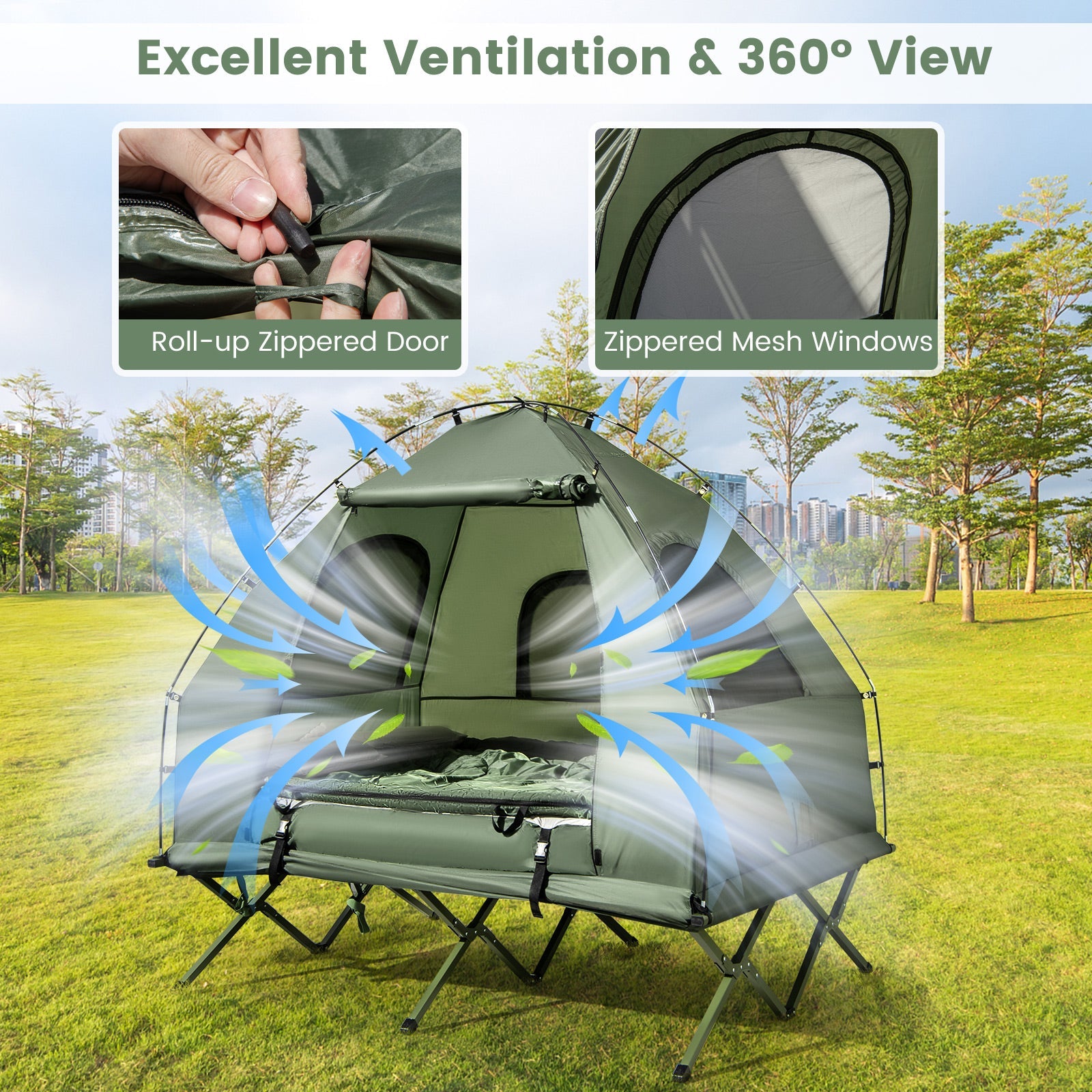 5-in-1 -(2)-Person Foldable Outdoor Camping Tent Cot with Air Mattress and Sleeping Bag