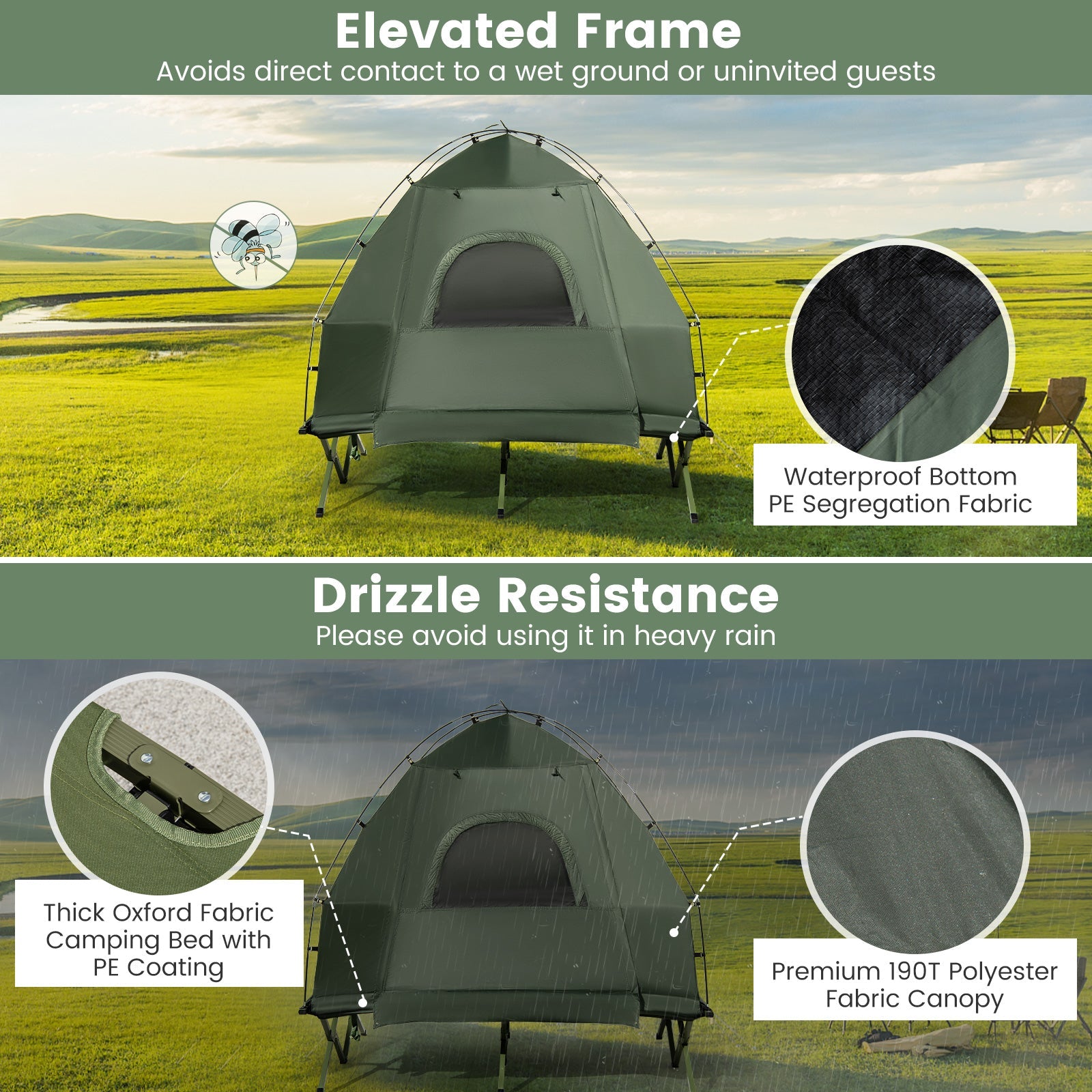 5-in-1 -(2)-Person Foldable Outdoor Camping Tent Cot with Air Mattress and Sleeping Bag