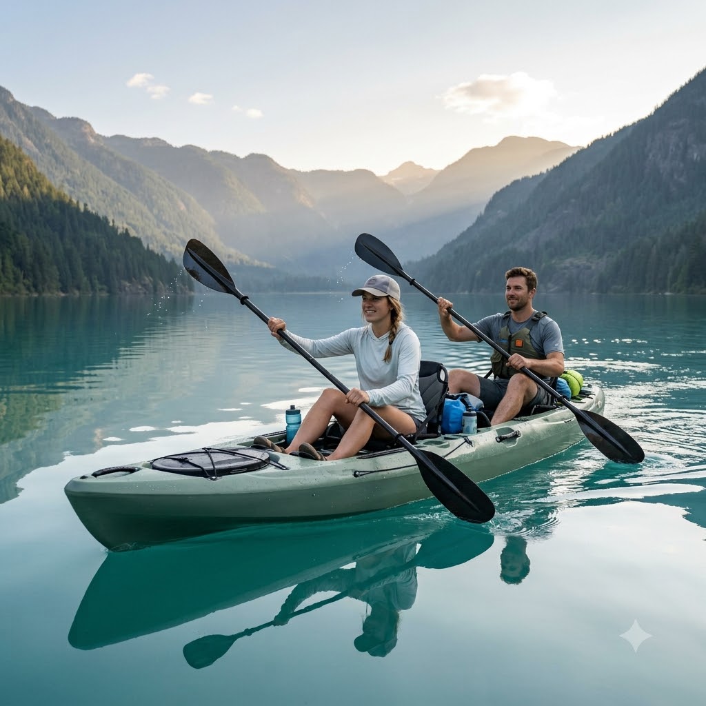 A couple paddling in a light green tandem kayak on a calm turquoise lake with mountains in the background.