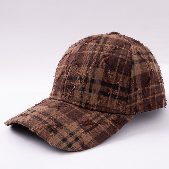 New Trendy Distressed Plaid Baseball Cap, Vintage Fringed Fedora For Retro Street Style, Versatile For Outdoor Use And Casual Wear