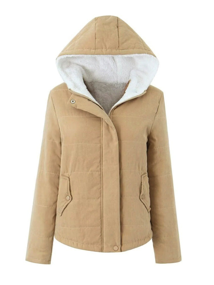 Womens Fleece-lined Hooded Loose-fit Cotton Coat