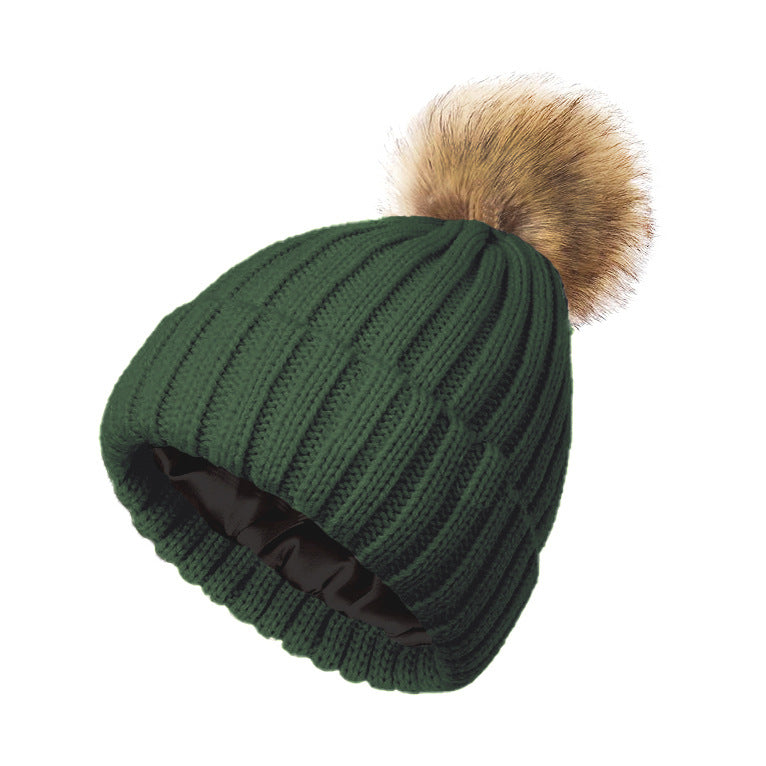 Womens Solid-Color Brimmed Beanie Hat With Satin lining and a Pom-Pom