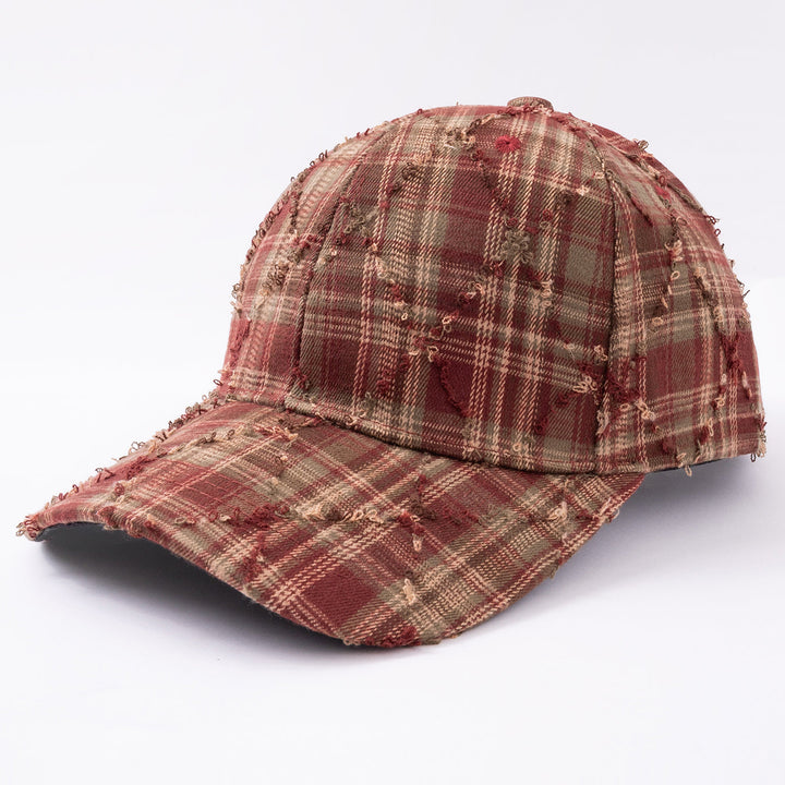 New Trendy Distressed Plaid Baseball Cap, Vintage Fringed Fedora For Retro Street Style, Versatile For Outdoor Use And Casual Wear