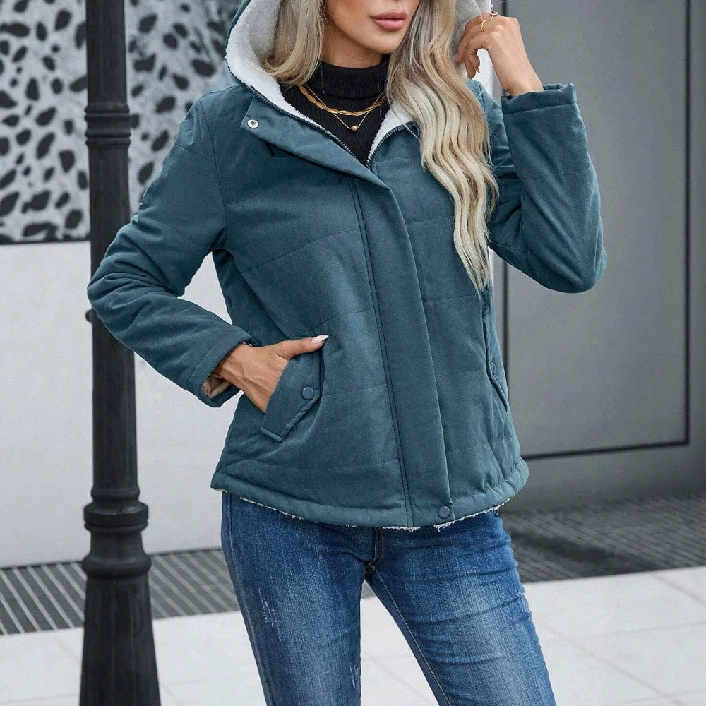 Womens Fleece-lined Hooded Loose-fit Cotton Coat