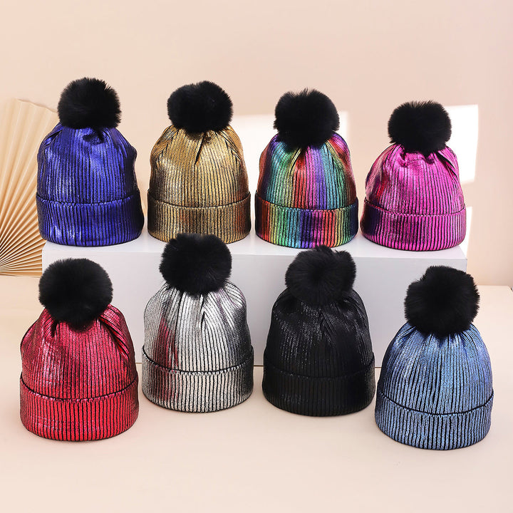 Colorful Stamped Gold Large Wooly Ball Knitted Hood For Autumn Winter With Vertical Stripes And Flared Edges  Warm And Stylish Knitted Hat