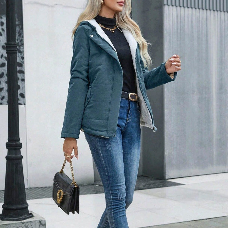 Womens Fleece-lined Hooded Loose-fit Cotton Coat